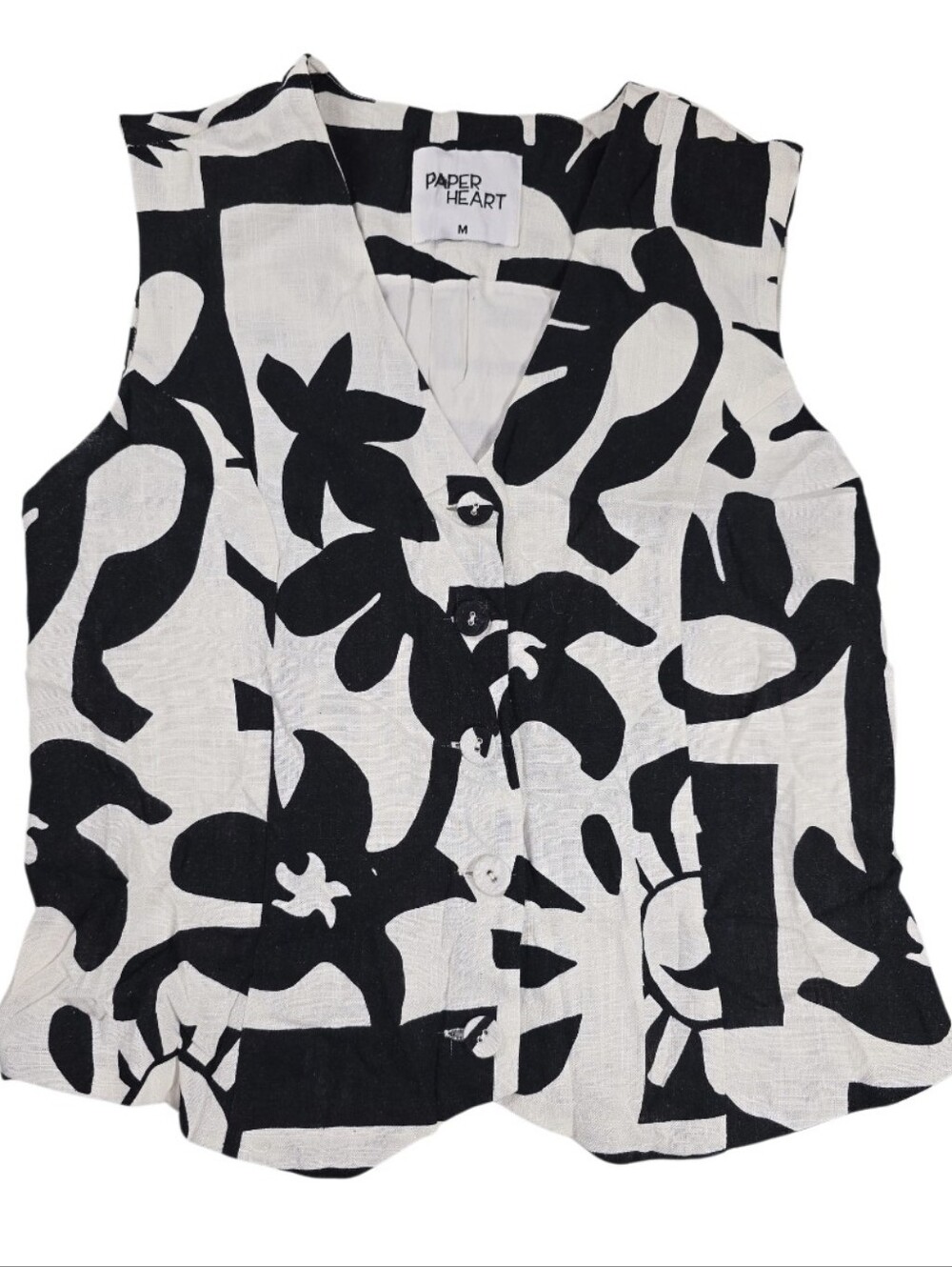 VTG Paper Heart Women’s Size M Linen Blend Vest Black White Modern Print